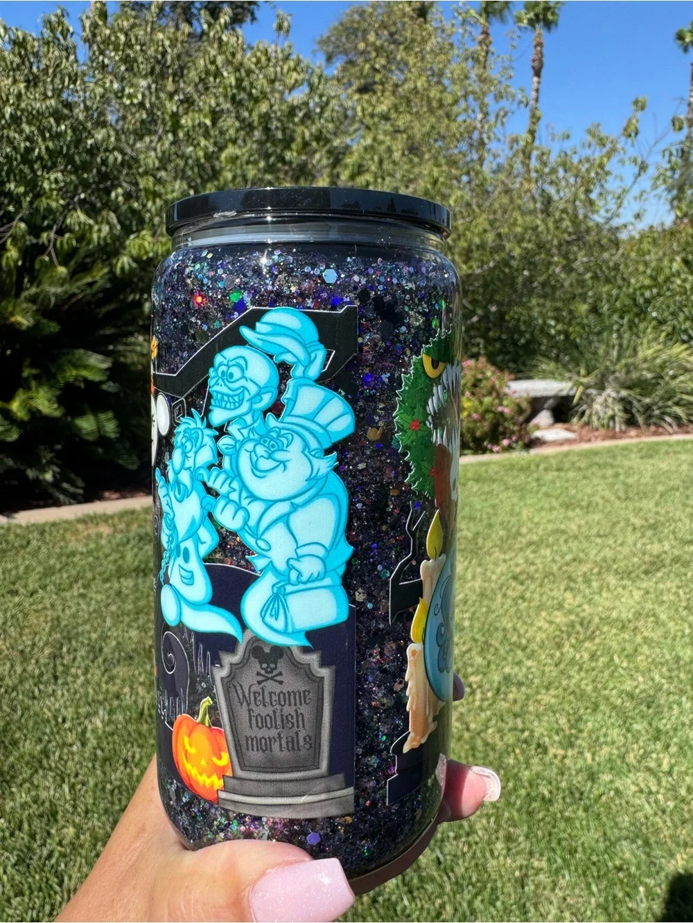 Haunted mansion holiday nightmares before Christmas snow globe glass Tumbler